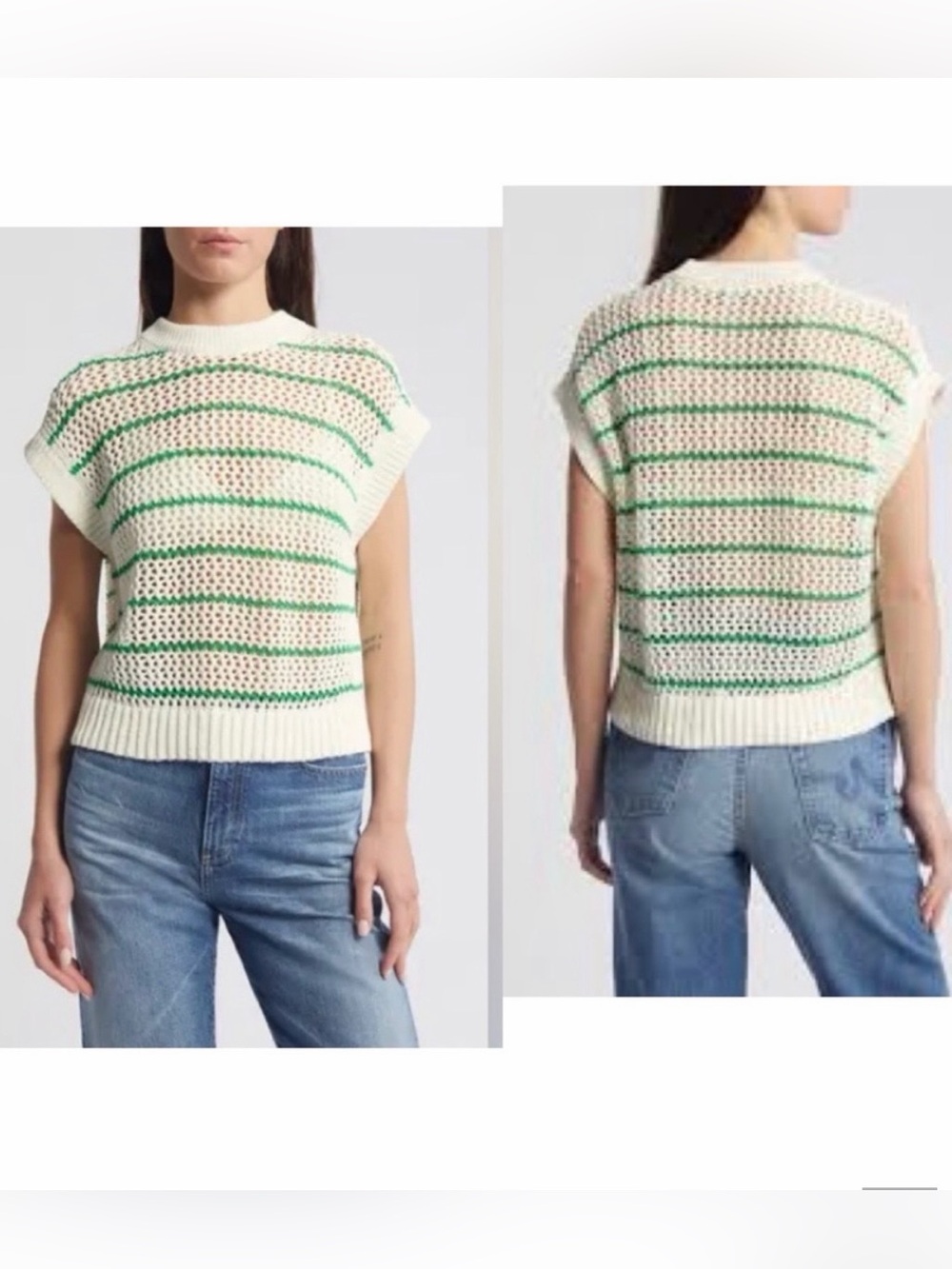 Madewell Stripe Open Stitch Sweater Small Cream Green Open Knit Short Sleeve